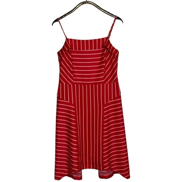 BANANA REPUBLIC STRIPED RED SQUARE NECK SPAGHETTI STRAP HANDKERCHIEF HEM DRESS - Picture 2 of 14